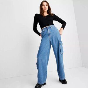 Universal Thread Women's High-Rise Wide Leg Denim Cargo Pants | Medium Wash 8